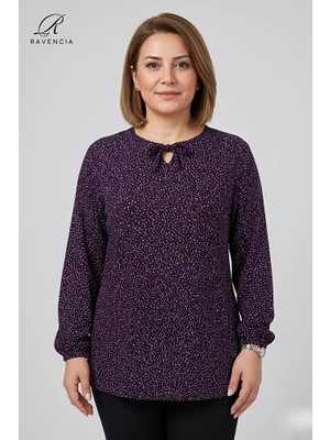 Ravencia Yıldız Desenli Likralı Bağcık Detaylı Bisiklet Yaka Viskon Büyük Beden Anne Penye Bluz