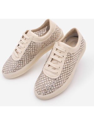 Marjin Kadın Sneaker Altın Taşlı Fileli Şık Abiye Spor Ayakkabı Zenisa Bej Taş