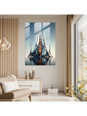 Popcasso Gelecekçi Kilise Temperli Cam Tablo - Kilise Metalik Parlaklık Detayıyla