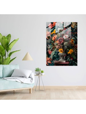 Popcasso Çiçek Temalı Cam Duvar Tablosu - Klasik ve Pop Art Tarzı ile Modern Dekorasyon Için Uygun