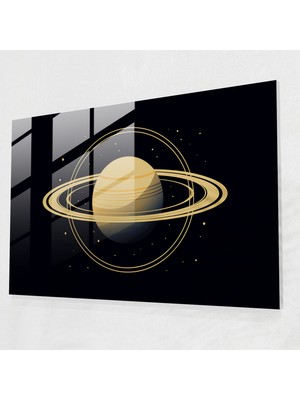 Popcasso Satürn Cam Duvar Tablosu - Minimalist Silüet - Dünya Temalı Dekoratif Cam Tablo