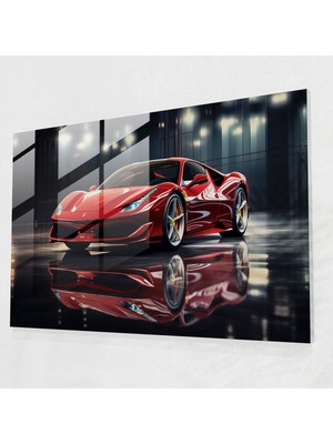 Popcasso Ferrari Temalı Cam Duvar Tablosu - Parlak Kırmızı Araç ile Gerçekçi 3D Tasarım - Ev Dekorasyonu Için Cam Tablo
