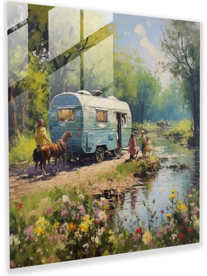 Popcasso Kıyıdaki Karavan Temperli Cam Tablo - Modern Sanat Çingeneler Temalı Duvar Dekorasyonu