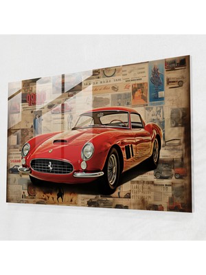 Popcasso Vintage Reklam Kampanyası Ferrari Cam Tablo - Lüks Vintage Kolaj Eseri