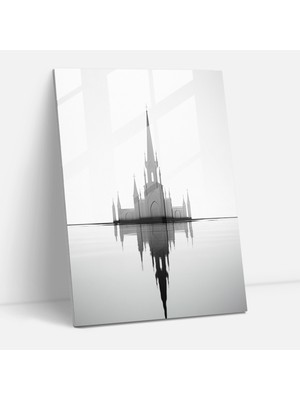 Popcasso Minimalist Kilise Cam Tablosu - Kilise Teması Cam Duvar Tablosu Basit Siluet