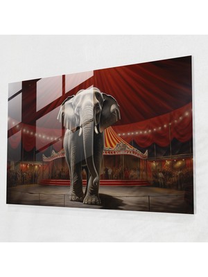 Popcasso Zarif Sirk Fil Temalı Temperli Cam Tablo - Gerçekçi Yağlı Boya Tarzında Duvar Dekorasyonu