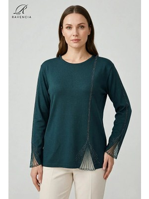 Ravencia Kadın Dantelli Dik Çizgi Desenli Nakış Işlemeli Taşlı Yırtmaçlı Likralı Anne Penye Bluz