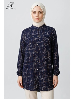 Ravencia Çizgi Desenli Hakim Yaka Kadın Tesettür Tunik Gömlek