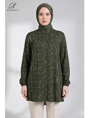 Ravencia Çizgi Desenli Hakim Yaka Kadın Tesettür Tunik Gömlek