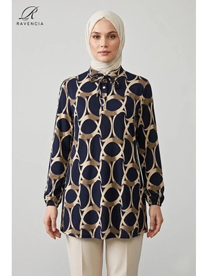 Ravencia Halka Desenli Bağcıklı Hakim Yaka Kadın Tesettür Tunik