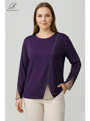 Ravencia Kadın Dantelli Dik Çizgi Desenli Nakış Işlemeli Taşlı Yırtmaçlı Likralı Anne Penye Bluz