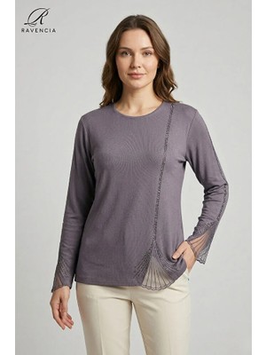 Ravencia Kadın Dantelli Dik Çizgi Desenli Nakış Işlemeli Taşlı Yırtmaçlı Likralı Anne Penye Bluz