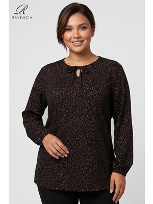 Ravencia Yıldız Desenli Likralı Bağcık Detaylı Bisiklet Yaka Viskon Büyük Beden Anne Penye Bluz