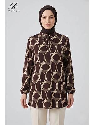 Ravencia Halka Desenli Bağcıklı Hakim Yaka Kadın Tesettür Tunik