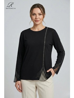 Ravencia Kadın Dantelli Dik Çizgi Desenli Nakış Işlemeli Taşlı Yırtmaçlı Likralı Anne Penye Bluz