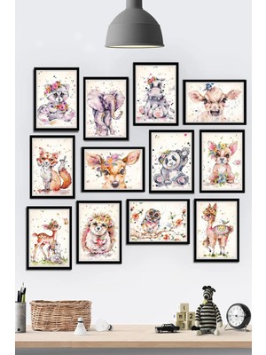 Tontilika 12 Parça Çerçeve Görünümlü Çocuk Odası Bebek Hayvanlar Temalı Mdf Tablo Seti (80X80 Cm)