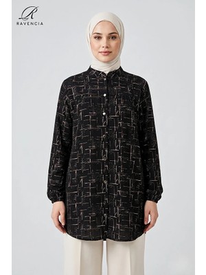Ravencia Çizgi Desenli Hakim Yaka Kadın Tesettür Tunik Gömlek