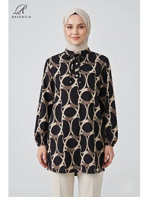 Ravencia Halka Desenli Bağcıklı Hakim Yaka Kadın Tesettür Tunik