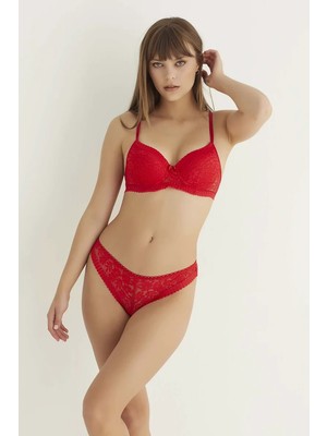 Ethab Ticaret Kırmızı Destekli Slip Külotlu Dantelli Sütyen Takımı 4007