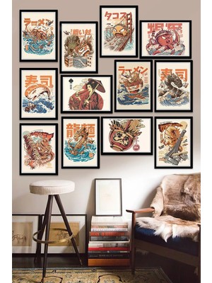 Tontilika 12 Parça Çerçeve Görünümlü Retro Japon Kültürü Temalı Mdf Tablo Seti (80X80 Cm)