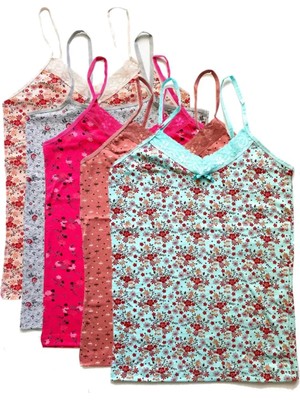 Ethab Ticaret 5 Adet Kadın Askılı Desenli Atlet Dantelli Empirme Pamuklu Penye D1-5