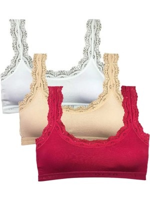 Ethab Ticaret 3 Adet Dantel Nakış Işlemeli Pedli Bambu Kadın Büstiyer Beyaz Ten Bordo