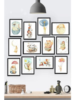 Tontilika 12 Parça Çerçeve Görünümlü Çocuk ve Bebek Odası Hayvan Dostlar Mdf Tablo Seti (80X80 Cm)
