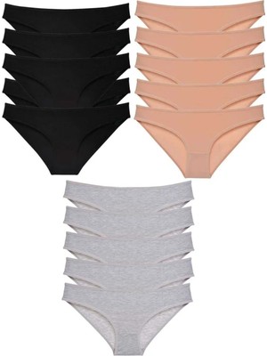 Ethab Ticaret 15 Adet Süper Eko Set Likralı Kadın Slip Külot Siyah Ten Gri