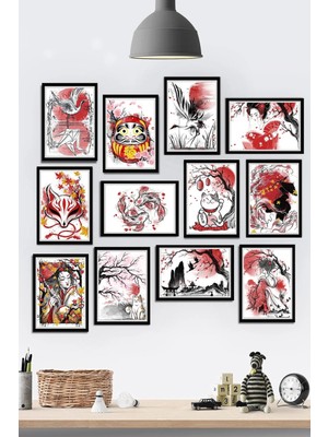 Tontilika Çerçeve Görünümlü Japon Kültürü Geyşa&samurai Temalı Mdf Tablo Seti (80X80 Cm) Beyaz 12 Parça
