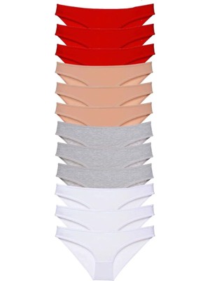 Ethab Ticaret 12 Adet Süper Eko Set Likralı Kadın Slip Külot Kırmızı Ten Gri Beyaz