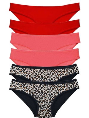 Ethab Ticaret 6 Adet Likralı Kadın Slip Külot Leopar Kırmızı Fuşya