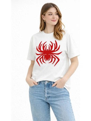 Tarz Yeri Kadın Örümcek Baskılı Tişört Kısa Kollu Bisiklet Yaka T-Shirt - Beyaz