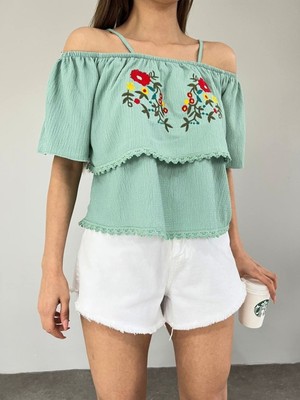 Moda Morfo Gül Nakışlı Güpürlü Ip Askılı Tişort -Mint