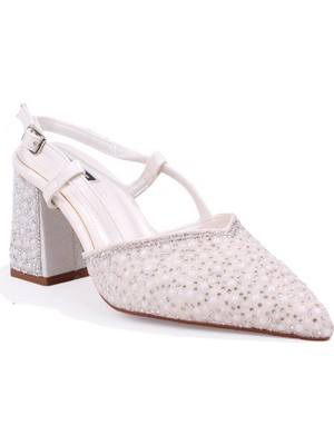 Dagoster DZA07-1296600 Sedef Taşlı 8,5 cm Kalın Topuklu Abiye Kadın Ayakkabı