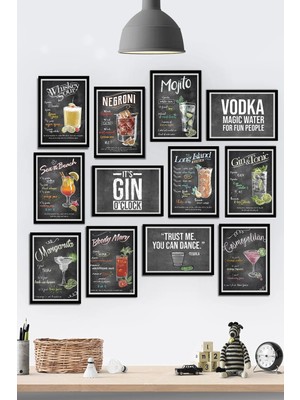 Tontilika 12 Parça Çerçeve Görünümlü Kokteyl Bar Cafe Çeşitleri Temalı Mdf Tablo Seti (80X80 Cm)