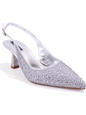 Dagoster DZA07-1240A87 Gümüş Taşlı 7 cm Ince Topuklu Abiye Kadın Ayakkabı