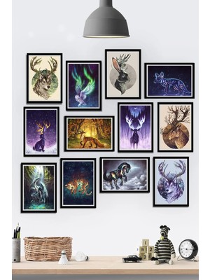 Tontilika 12 Parça Çerçeve Görünümlü Fantastik(Fantasy) Hayvanlar Temalı Mdf Tablo Seti (80X80 Cm)