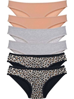 Ethab Ticaret 6 Adet Likralı Kadın Slip Külot Leopar Ten Gri