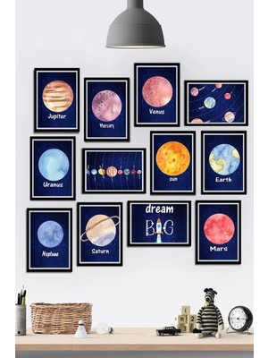 Tontilika 12 Parça Çerçeve Görünümlü Çocuk Odası Gezegenler Galaksi Temalı Mdf Tablo Seti (80X80 Cm)