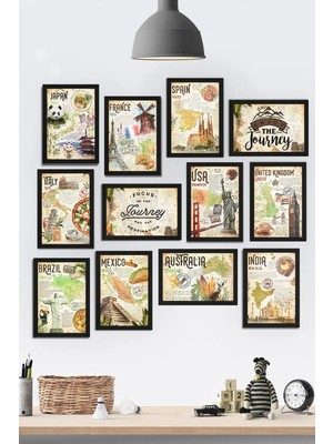 Tontilika Çerçeve Görünümlü Dünya Ülkeleri,gezi,yolculuk Özel Tasarım Mdf Tablo Seti (80X80 Cm) 12 Parça