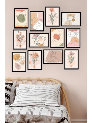 Tontilika Çerçeve Görünümlü Çiçek ve Kadın Ahengi Çizgisel Temalı Mdf Tablo Seti (80X80 Cm) Beyaz 12 Parça