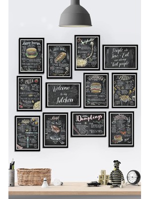 Tontilika Çerçeve Görünümlü Yemek Çeşitleri Mutfak Restoran Aşçı Temalı Mdf Tablo Seti (80X80 Cm) 12 Parça