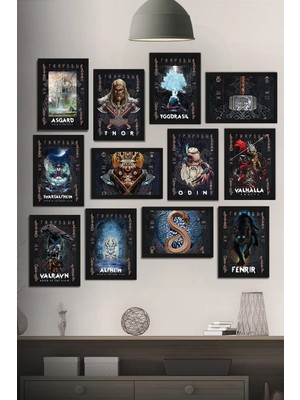 Tontilika 12 Parça Çerçeve Görünümlü Iskandinav Mitolojisi Thor,odin Mdf Tablo Seti (80X80 Cm)