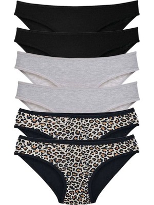 Ethab Ticaret 6 Adet Likralı Kadın Slip Külot Leopar Siyah Gri
