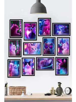 Tontilika 12 Parça Çerçeve Neon Görünümlü Kediler Temalı Mdf Tablo Seti (80X80 Cm)
