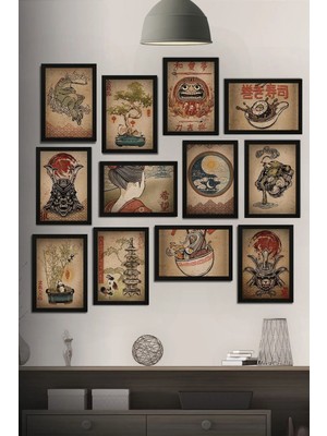 Tontilika Çerçeve Görünümlü Japon Kültürü Geyşa&samurai Temalı Mdf Tablo Seti (80X80 Cm) 12 Parça