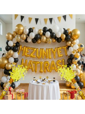 Tedaks 2 Adet Gold Konfeti Hediyeli Mezuniyet Hatırası Gold Folyo Harf Beyaz Siyah Gold Balon Süsleme
