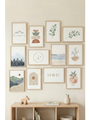 Tontilika 12 Parça Doğa Temalı Minimal Modern Dekoratif Çerçeve Görünümlü Tablo Seti