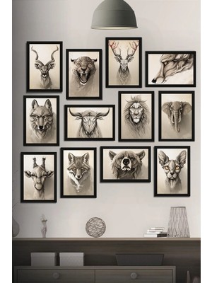 Tontilika Çerçeve Görünümlü Hayvanlar Alemi Temalı Mdf Tablo Seti (80X80 Cm) 12 Parça