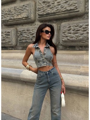 Sırt Dekolteli Jean Tasarım Crop